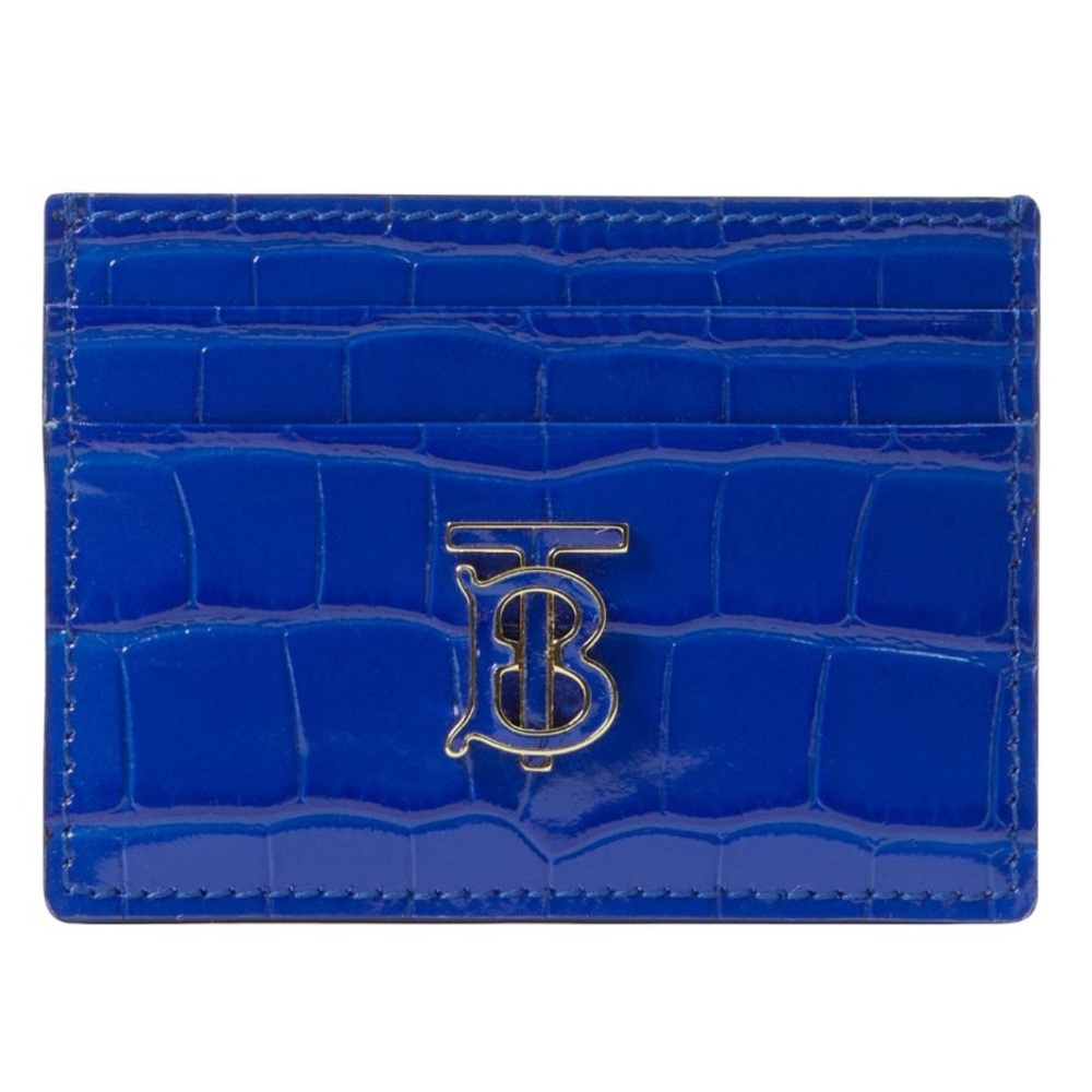 BURBERRY Croc-Embossed Calfskin Leather TB Monogram Card Holder, Knight Blue,NWT